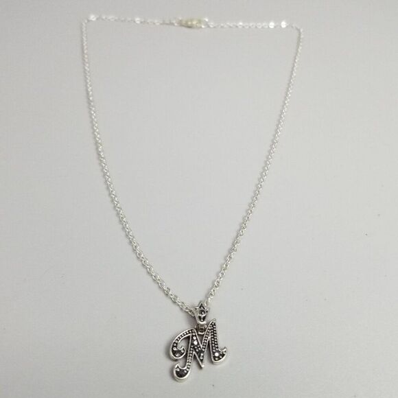 Vintage M Monogram Initial Letter Pendant Necklace, Silver Tone, Estate - Picture 3 of 10